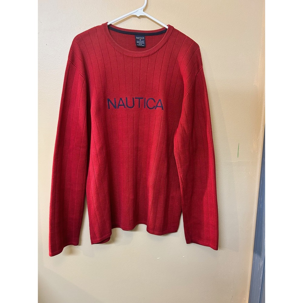 Nautica Jeans Company Mens Red‎ Ribbed Knit Crewneck Sweater Medium
